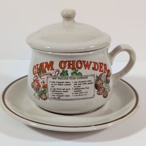 Clam Chowder Ceramic Soup Bowl with Lid and Saucer